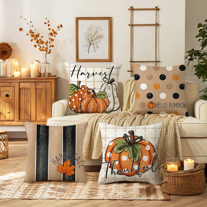 Decorative Throw Pillow Autumn Pumpkin Illustration with Thankful Script