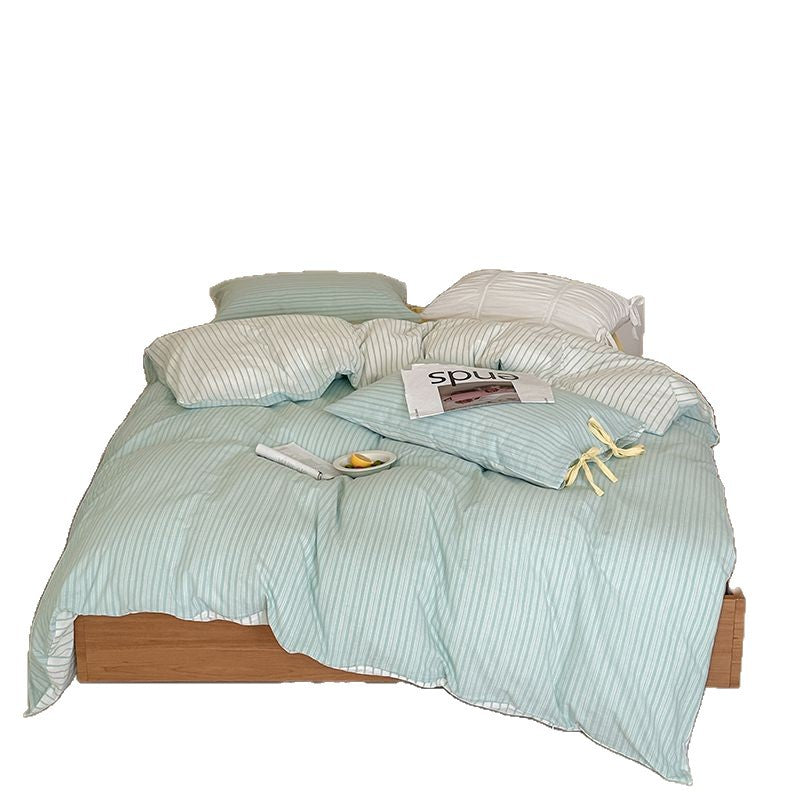 Striped Cotton-Linen Duvet Cover Set with Tied Pillowcases