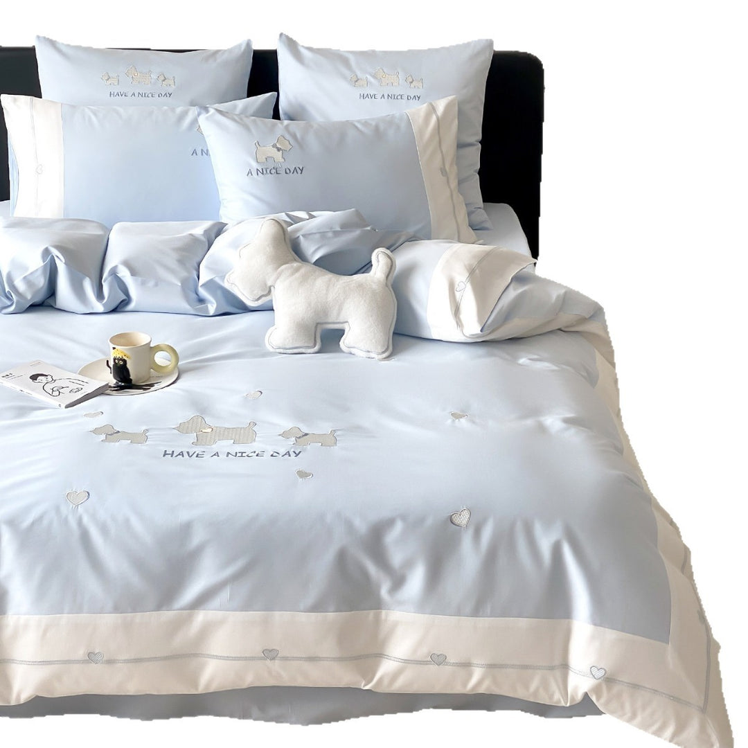 Cute Embroidered Dog Motif Cotton Sateen Duvet Cover Set with Heart Border and Pillow Shams