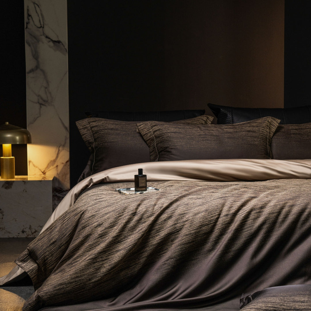 Luxurious satin bedding set with jacquard lace pattern and decorative pillow