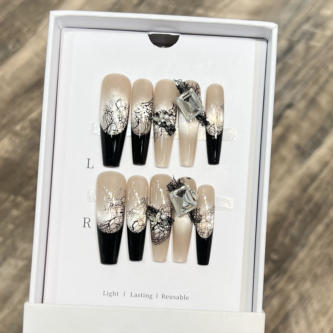 Artistic Press-On Nail Set with Unique Lace and Gemstone Accents Stornfield