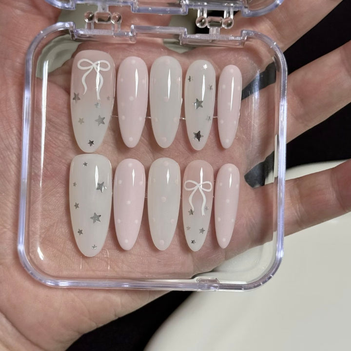 Decorative Press-On Nail Art Set with Stars and Bow Designs