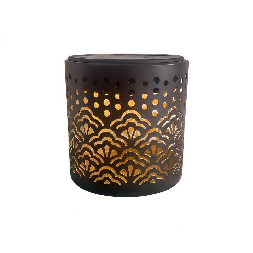 Decorative Solar-Powered Metal Lantern With Geometric Cutout And Warm LED Candle Effect Stornfield
