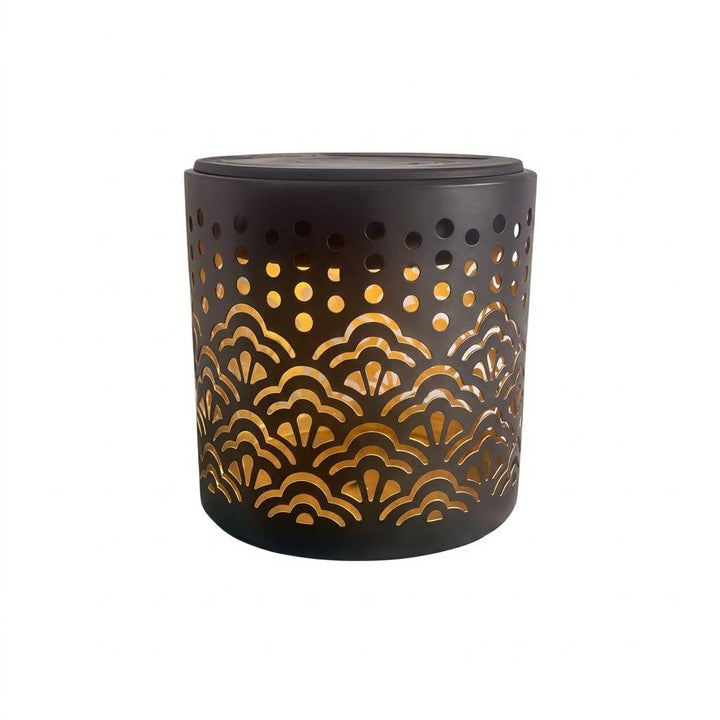 Decorative Solar-Powered Metal Lantern With Geometric Cutout And Warm LED Candle Effect Stornfield