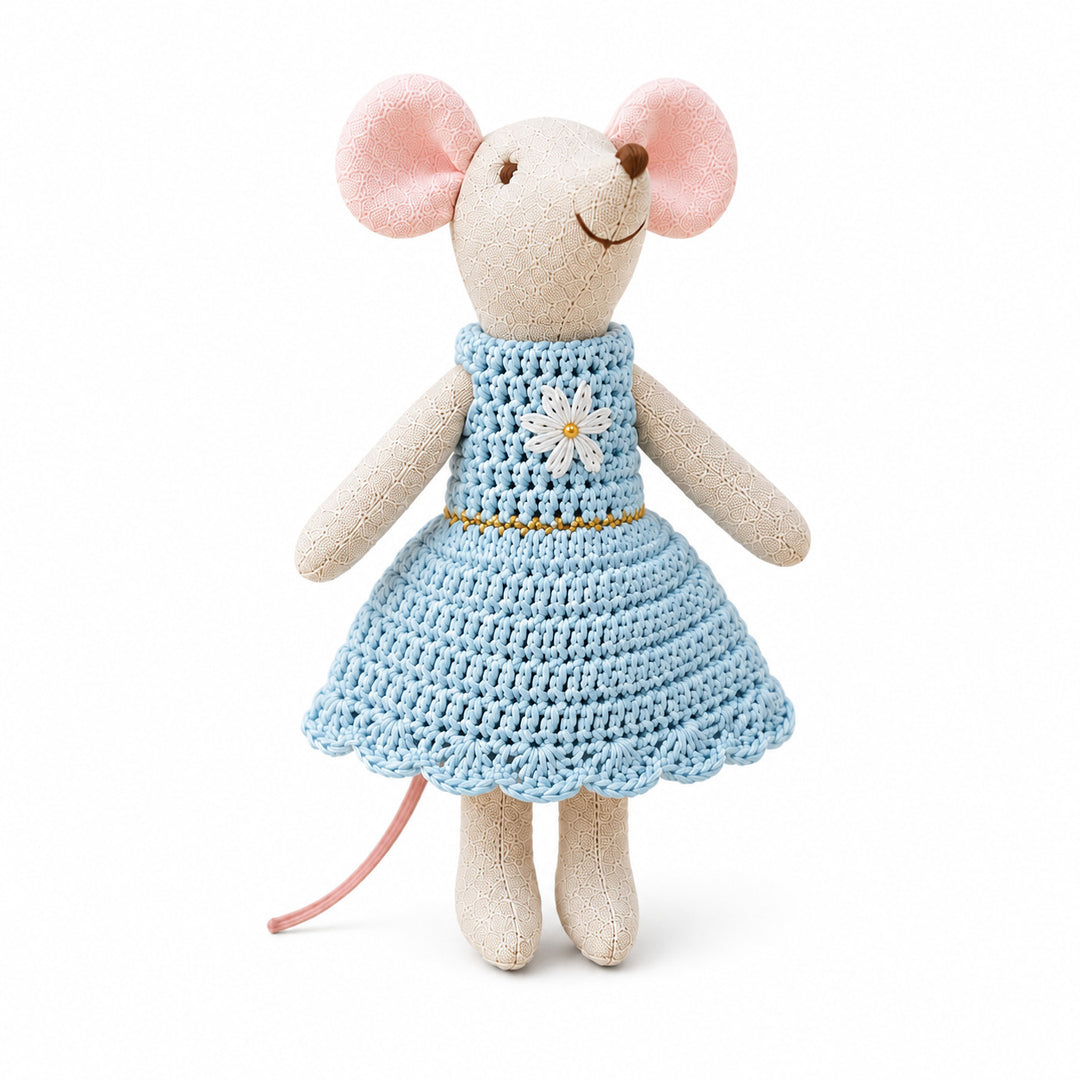 Handcrafted Linen Cotton Mouse Doll with Crochet Dress and Embroidered Flower