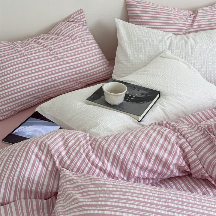 Noble bed linen set made of cotton percale with fine pinstripe structure and hotel closure