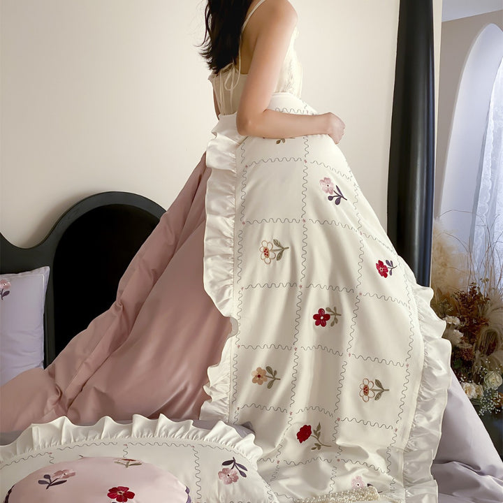 Romantic Ruffled Patchwork Embroidered Cotton Duvet Cover Set
