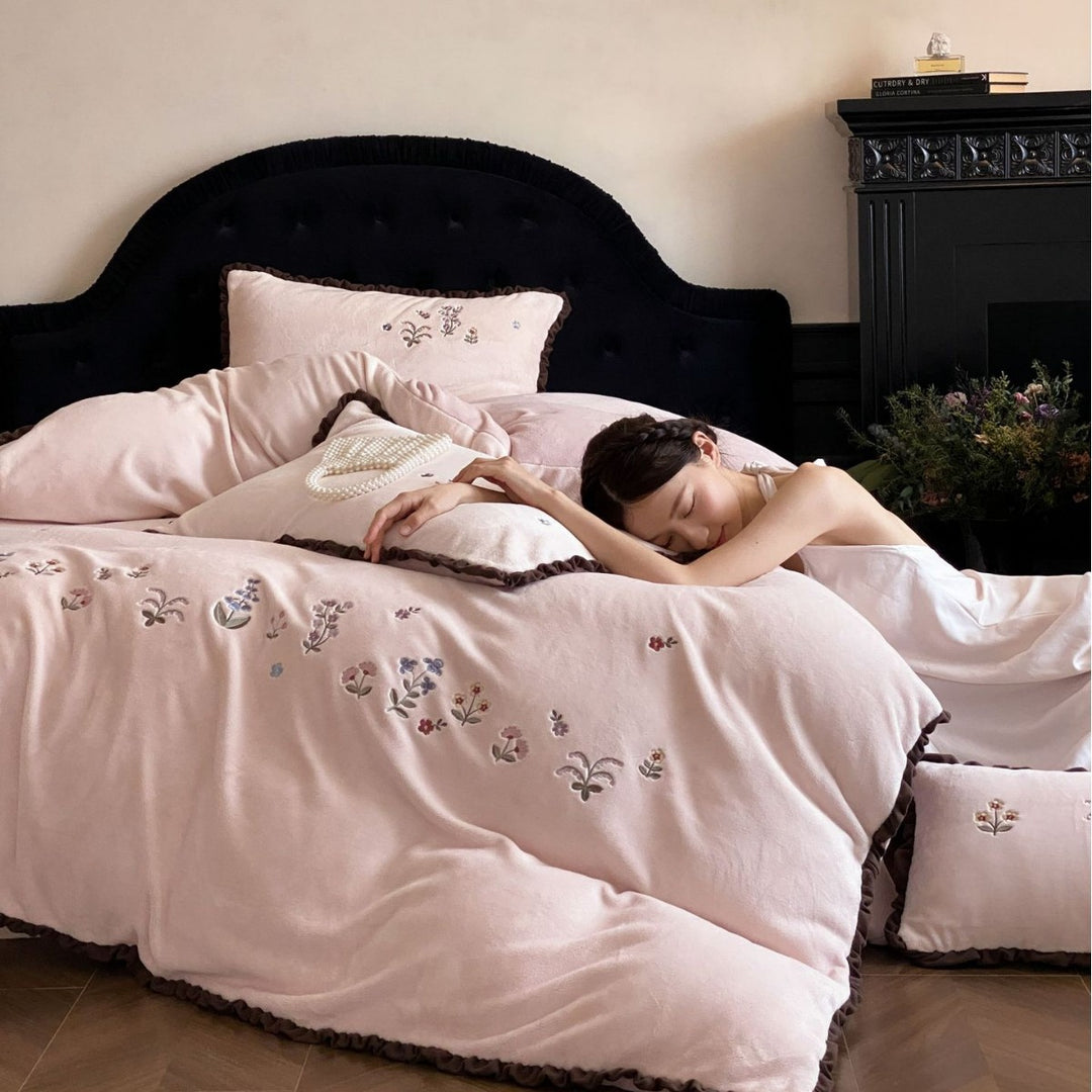 Embroidered Floral Velvet Duvet Cover Set with Ruffled Edge
