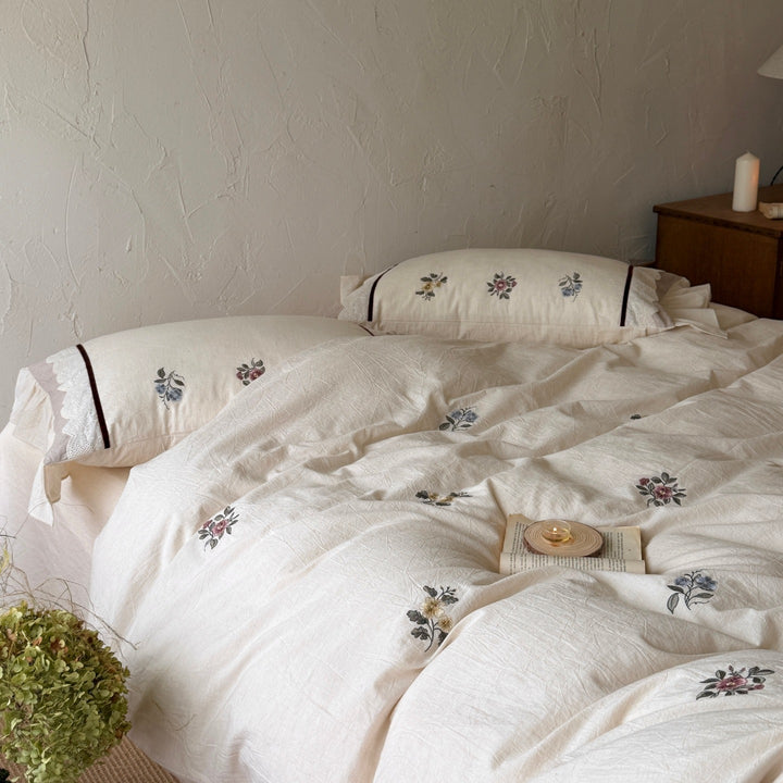 Botanical Embroidered Lightweight Stonewashed Cotton-Linen Duvet Cover Set