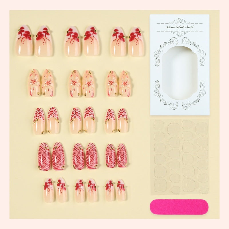 Artificial Nail Set with Floral Design and Gold Accents Stornfield