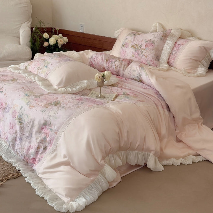 Romantic Vintage-Style Pleated Ruffle Duvet Cover Set with Floral Panel and Lace Inset