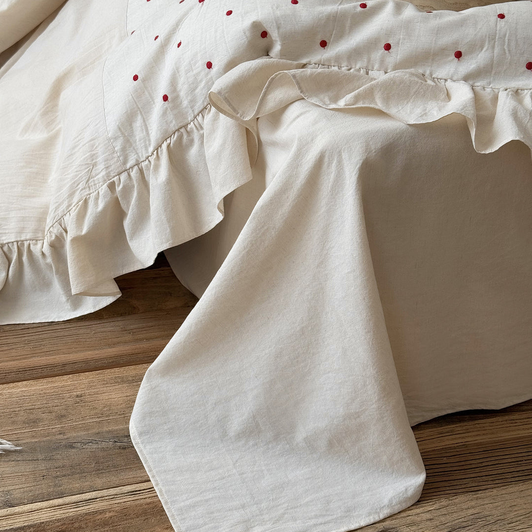 Frilled Organic-Linen Blend Duvet Cover & Sham Set with Hand-Embroidered Red Dot Motif