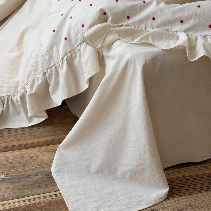 Frilled Organic-Linen Blend Duvet Cover & Sham Set with Hand-Embroidered Red Dot Motif