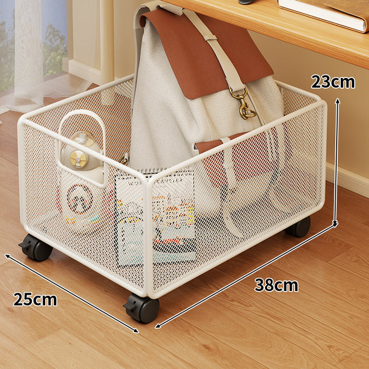 Rolling Mesh Under-Desk Storage Basket with Locking Casters and Ventilated Metal Sides