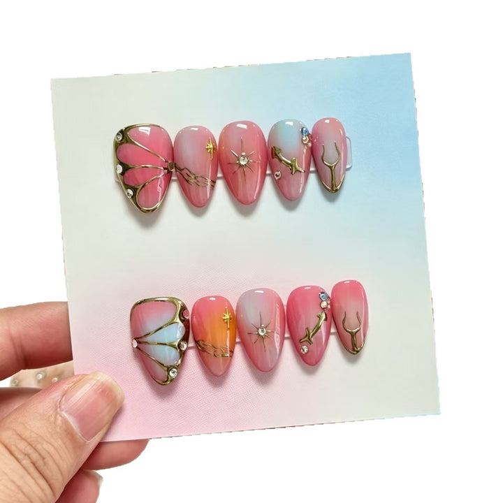 Elegant Press-On Nail Art Set with Floral and Gold Accents