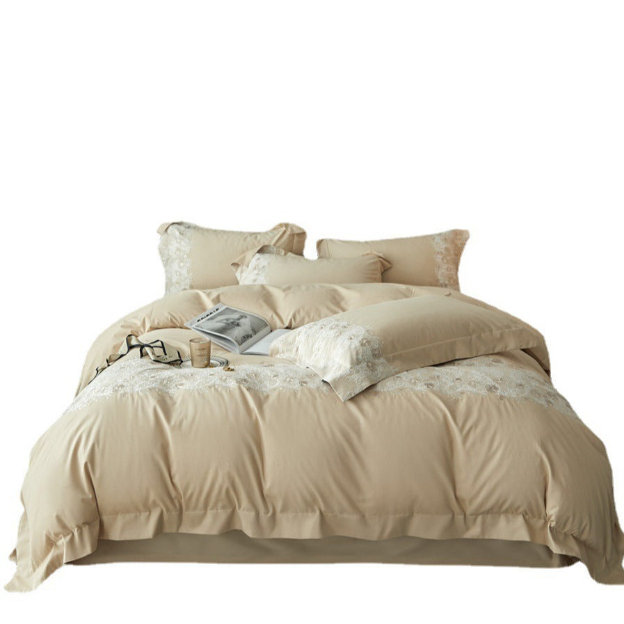 Lace-Edged Cotton Duvet Cover Set with Embroidered Panel and Pillow Shams