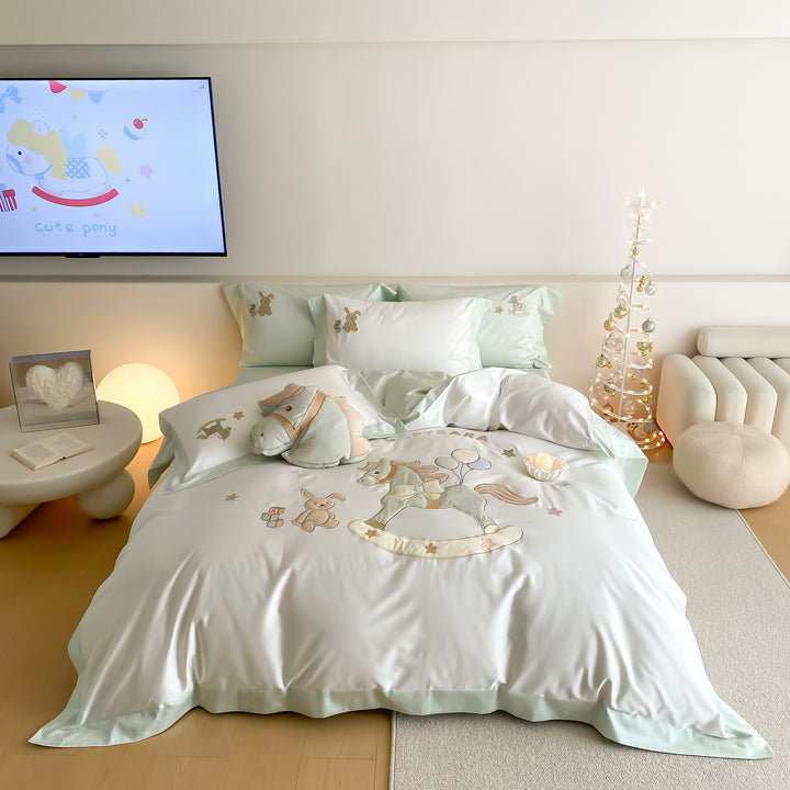 Children's Embroidered Cotton Sateen Duvet Cover Set with Rocking Pony Motif