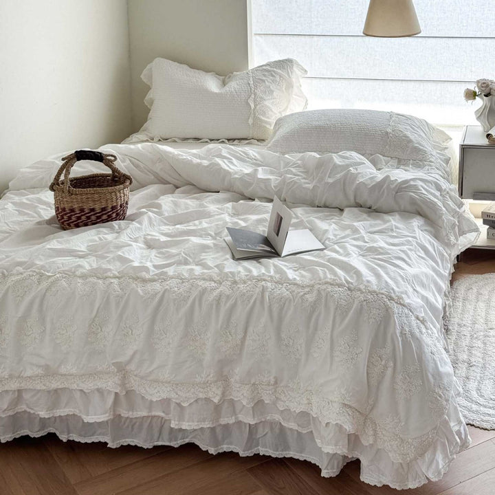 Ruffled Embroidered Cotton Duvet Cover Set with Lace Trim