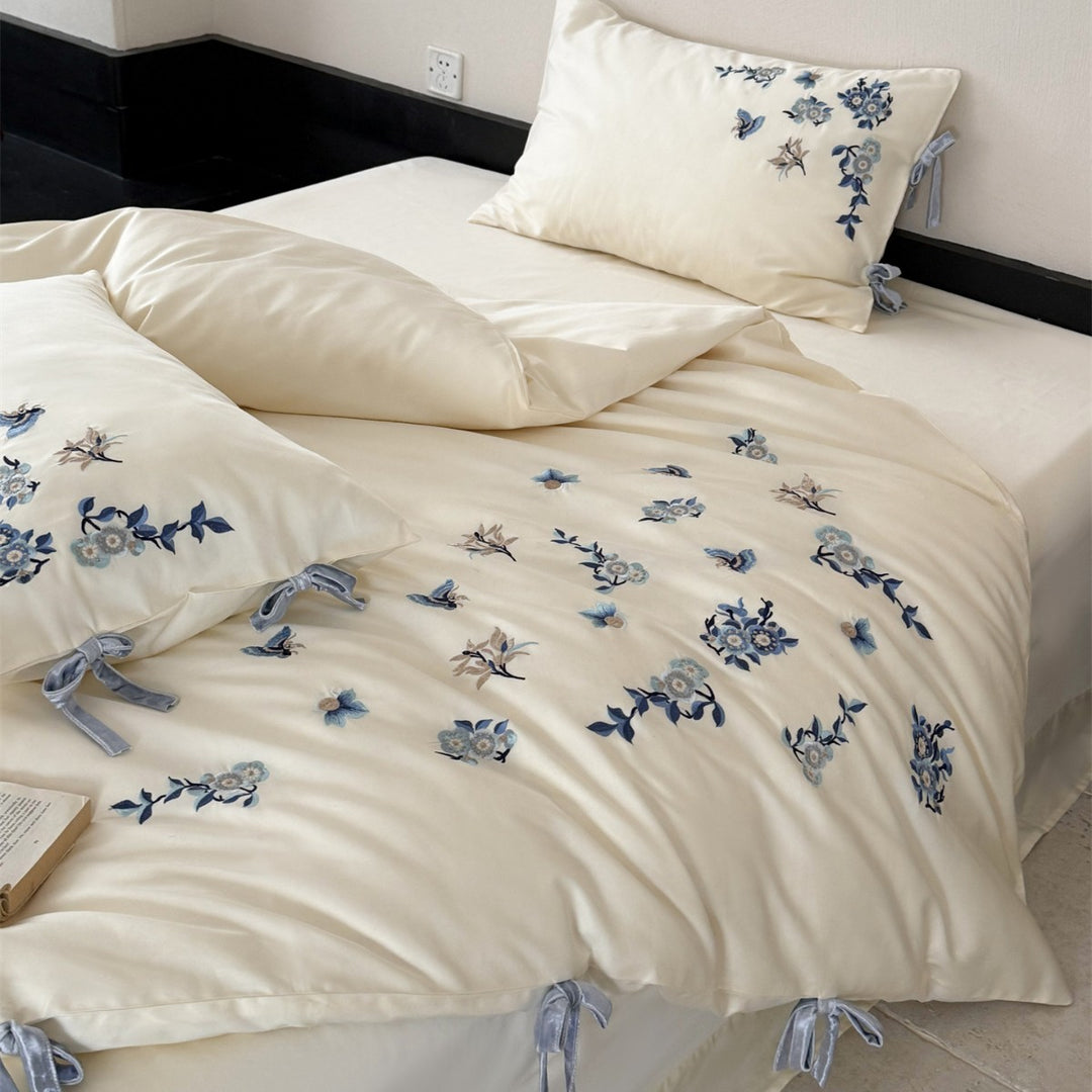 Embroidered Floral Cotton Sateen Duvet Cover Set with Tie Closures