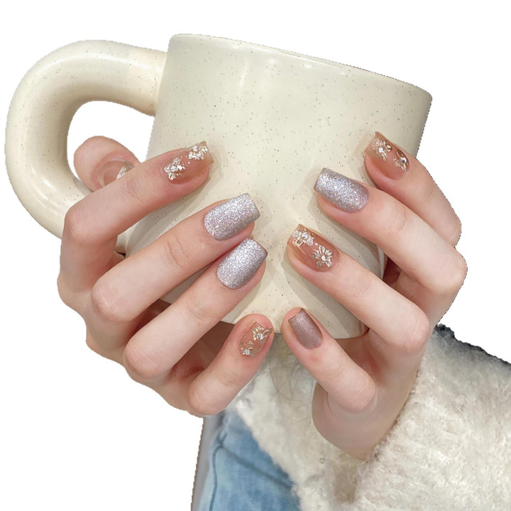 Decorative Press-On Nail Set with Floral and Glitter Accents