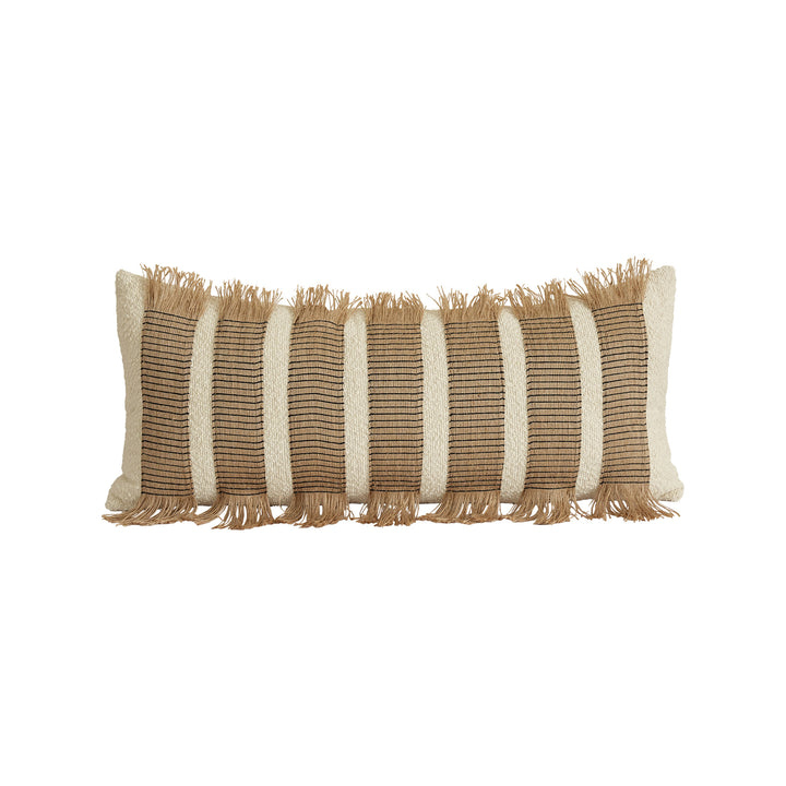 Woven cushion cover with bouclé surface and jute fringes Stornfield