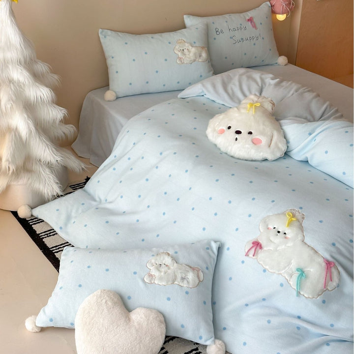 Pastel Polka-Dot Cotton Duvet Cover Set with Plush Cloud Appliqué & Decorative Pillow Shams