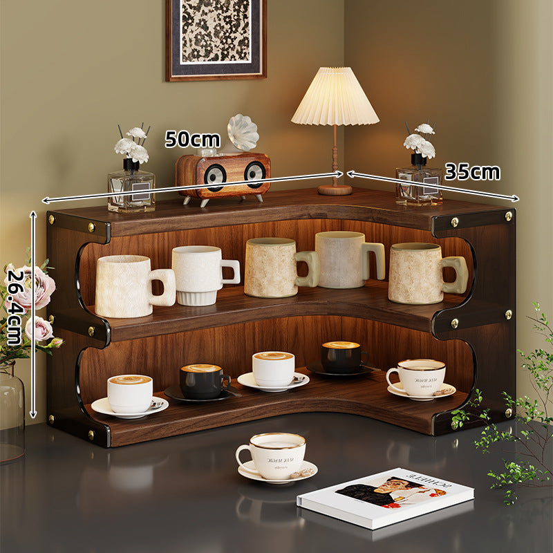 Corner Triple-Tier Wooden Countertop Display Shelf Organizer with Curved Shelves and Brass Accents