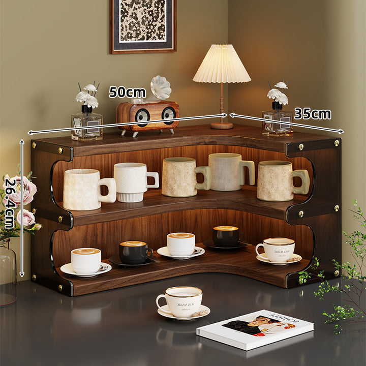 Corner Triple-Tier Wooden Countertop Display Shelf Organizer with Curved Shelves and Brass Accents