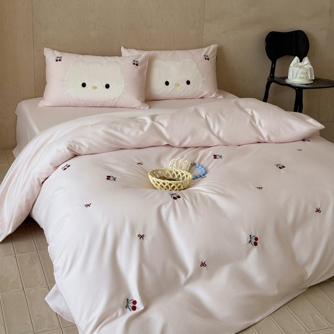 Embroidered Cherry Duvet Cover Set with Appliqué Face Pillow Shams