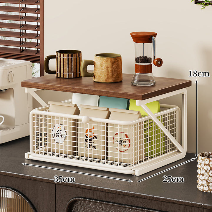 Countertop Coffee Station Organizer with Wooden Top and Metal Wire Basket