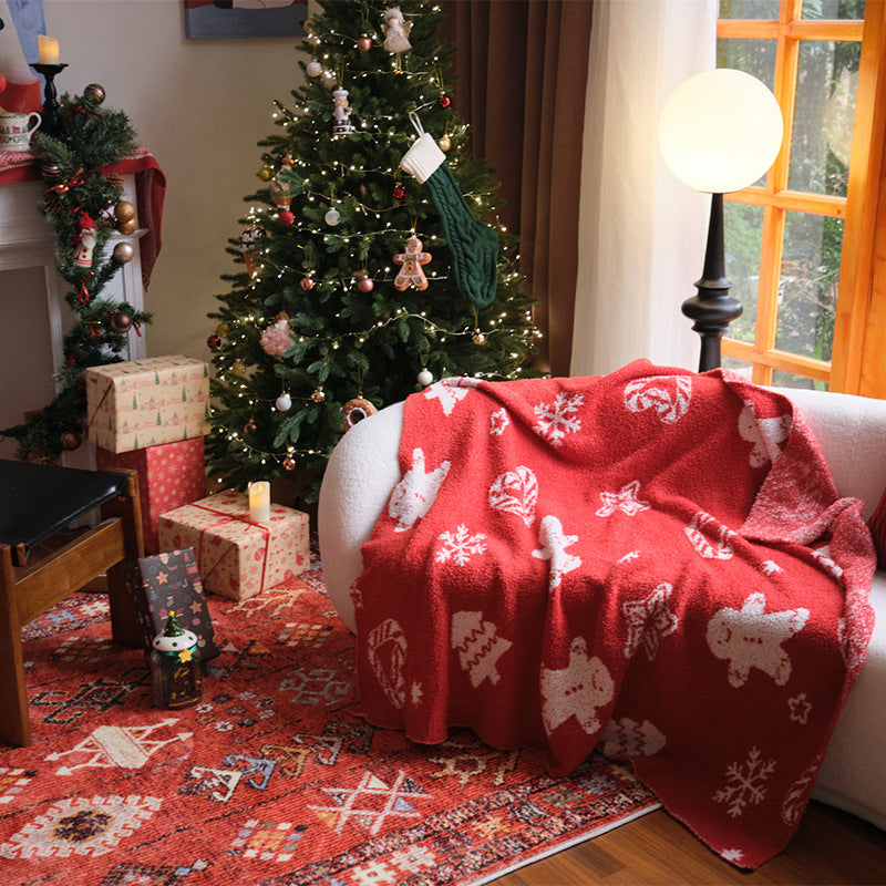 Oversized Plush Holiday Sherpa Throw Blanket with Festive Gingerbread and Snowflake Jacquard