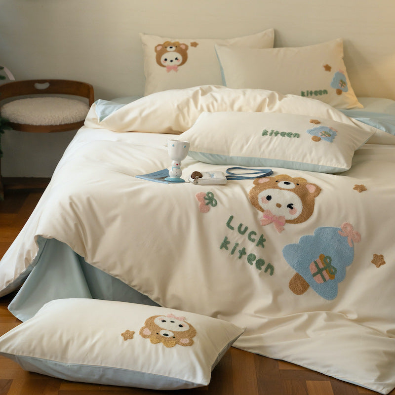 Embroidered Plush Appliqué Cotton Duvet Cover Set with Reversible Lining