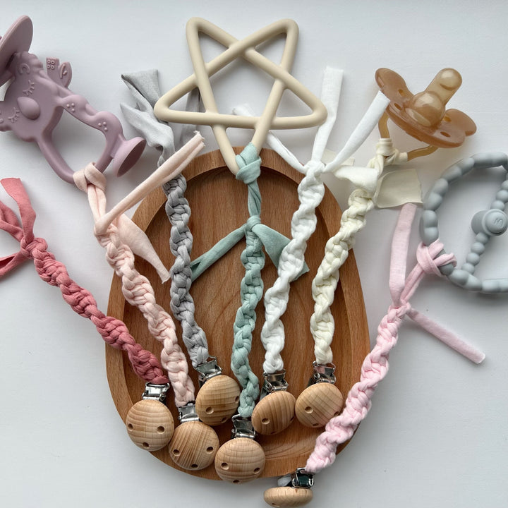 Braided Cotton Pacifier Clip with Wooden Safety Clamp