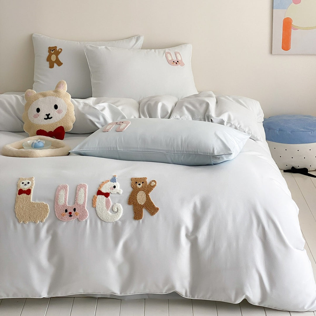 Children's Playful Appliqué Cotton Duvet Cover Set with Pillow Shams & Plush Accent