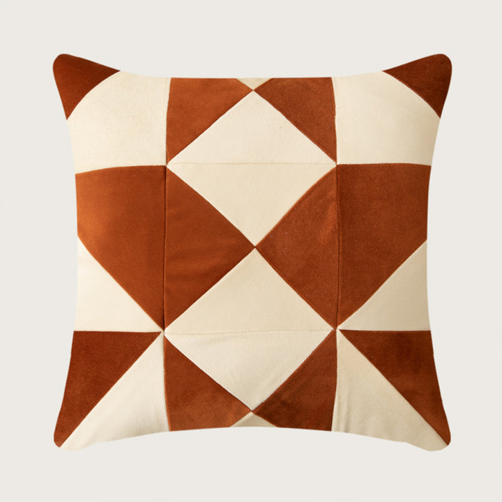 Square decorative cushion with striped velvet inlay and geometric pleated look