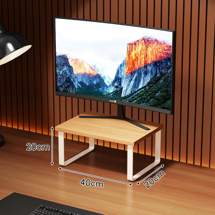 Compact Wooden Monitor Riser with Metal Frame and Under-Shelf Storage