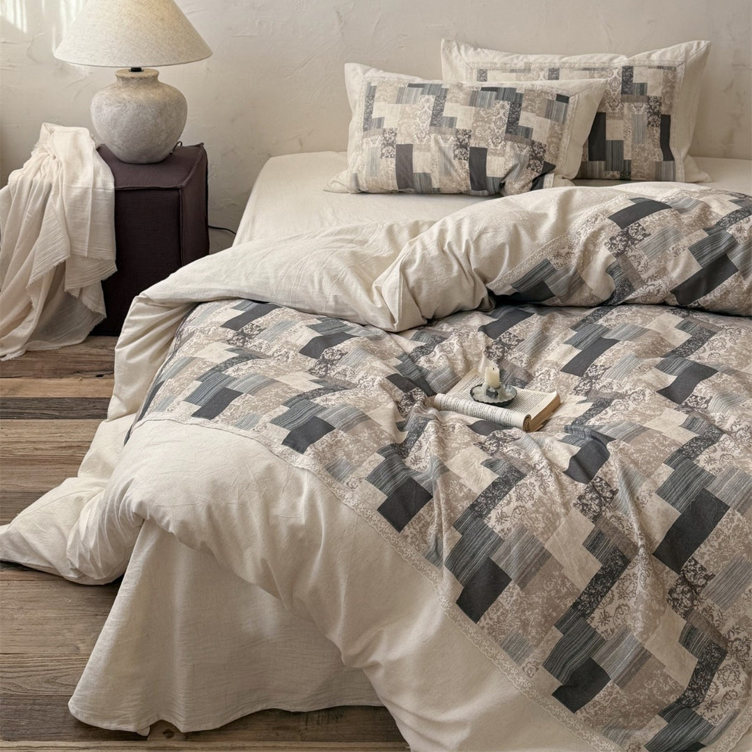 Quilted Patchwork Cotton-Linen Duvet Cover Set