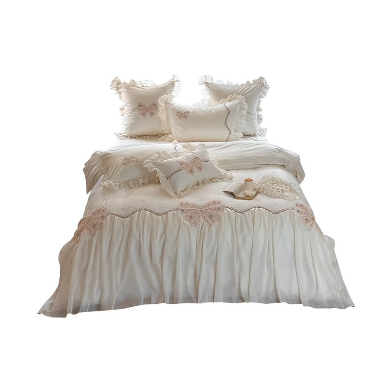 Ruffled Embroidered Bow Duvet Cover Set with Pleated Bed Skirt