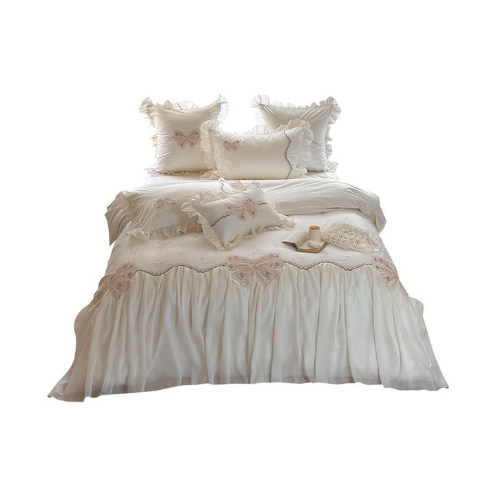Ruffled Embroidered Bow Duvet Cover Set with Pleated Bed Skirt