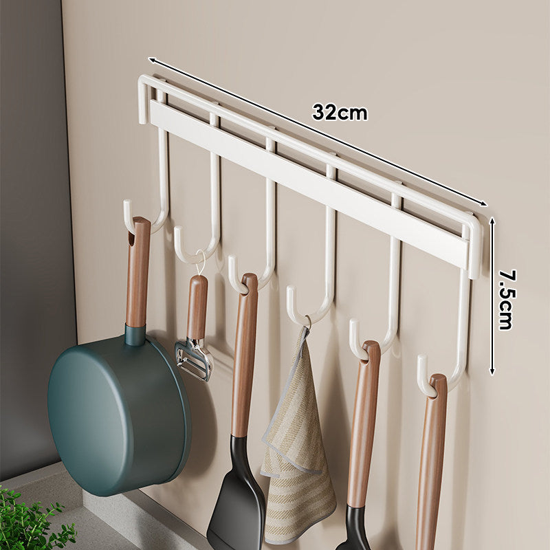 Wall-Mounted Multi-Hook Kitchen Utensil and Pan Hanger Rack