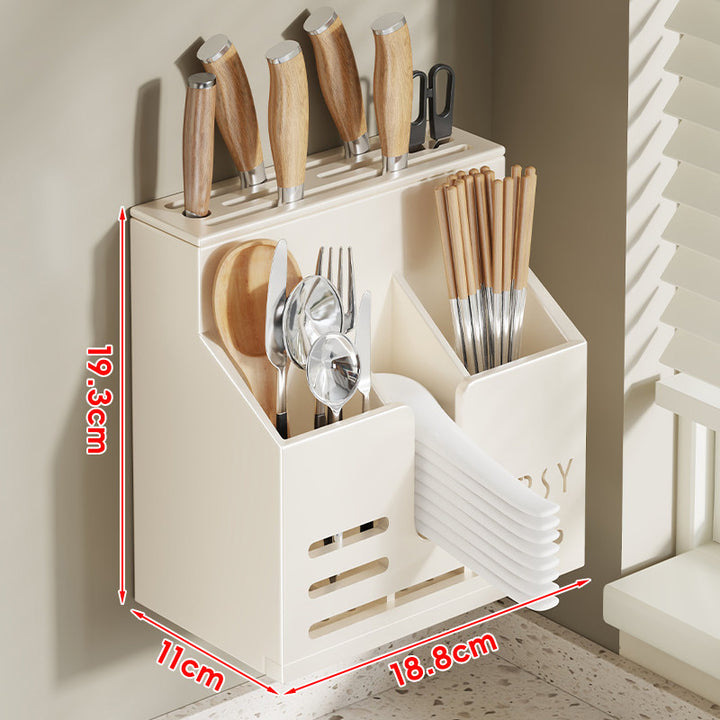 Wall-Mounted Stainless Steel Kitchen Knife and Cutlery Organizer with Drainage and Multi-Compartment Storage