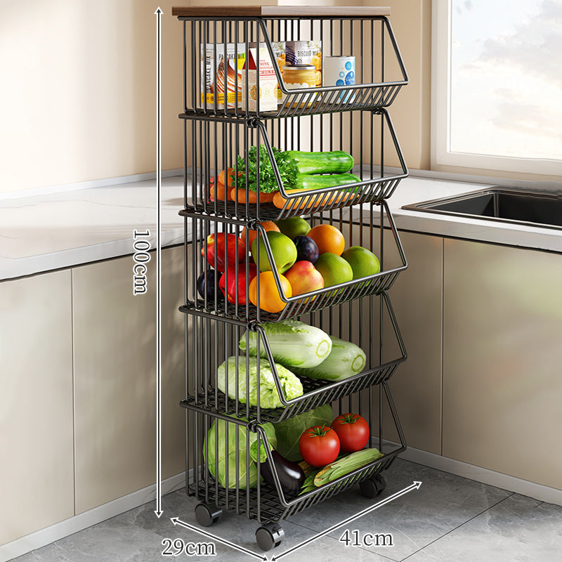 Countertop Wooden-Top Metal Wire Produce Storage Basket with Front-Tilt Access