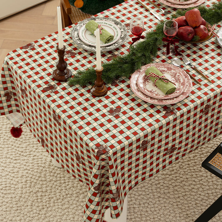 Rectangular decorative tablecloth with checkered pattern, pompom trim, and fine embroidered applique Stornfield