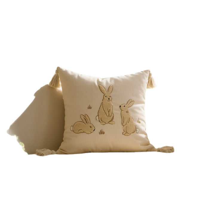 Embroidered Bunny Linen Blend Lumbar Throw Pillow with Tassel Corners