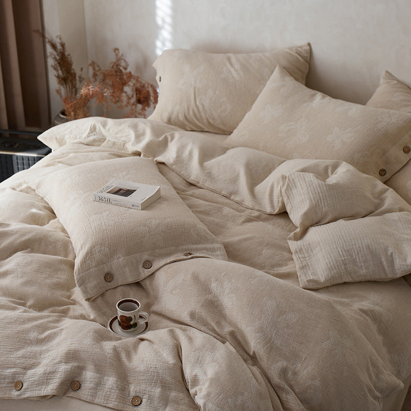 Jacquard bedding set made of linen-cotton blend with button placket and embossed floral relief