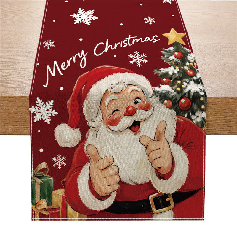 Festive Christmas Table Runner with Santa, Snowman & Reindeer Illustration