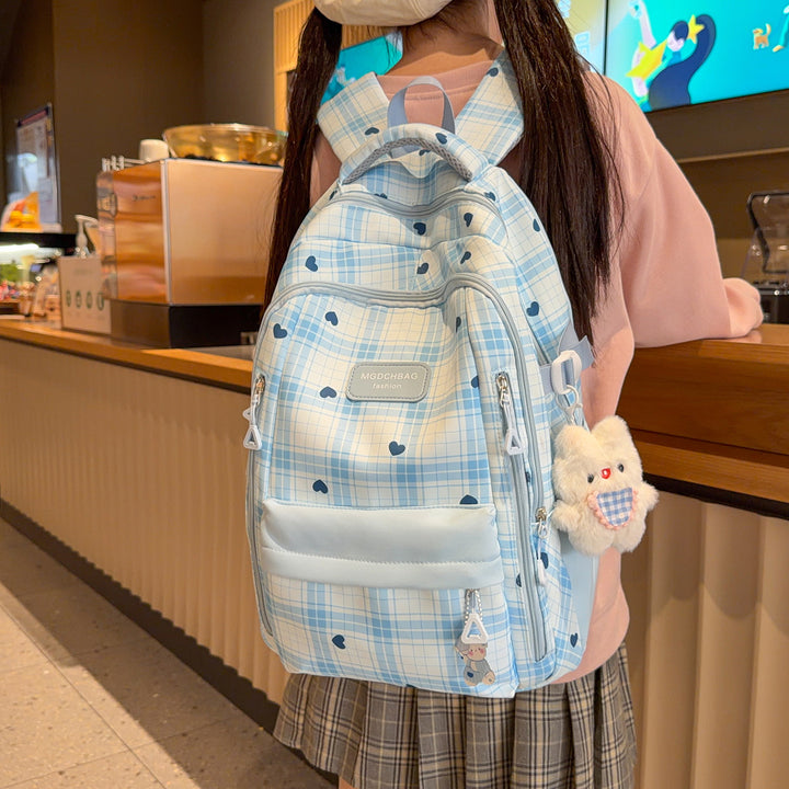 Stylish Checked Backpack with Heart Accents Stornfield