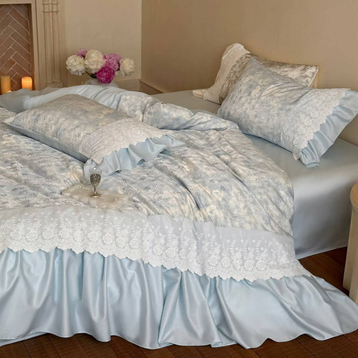 Romantic Ruffled Satin-Blend Duvet Cover Set with Lace Trim & Decorative Bed Skirt