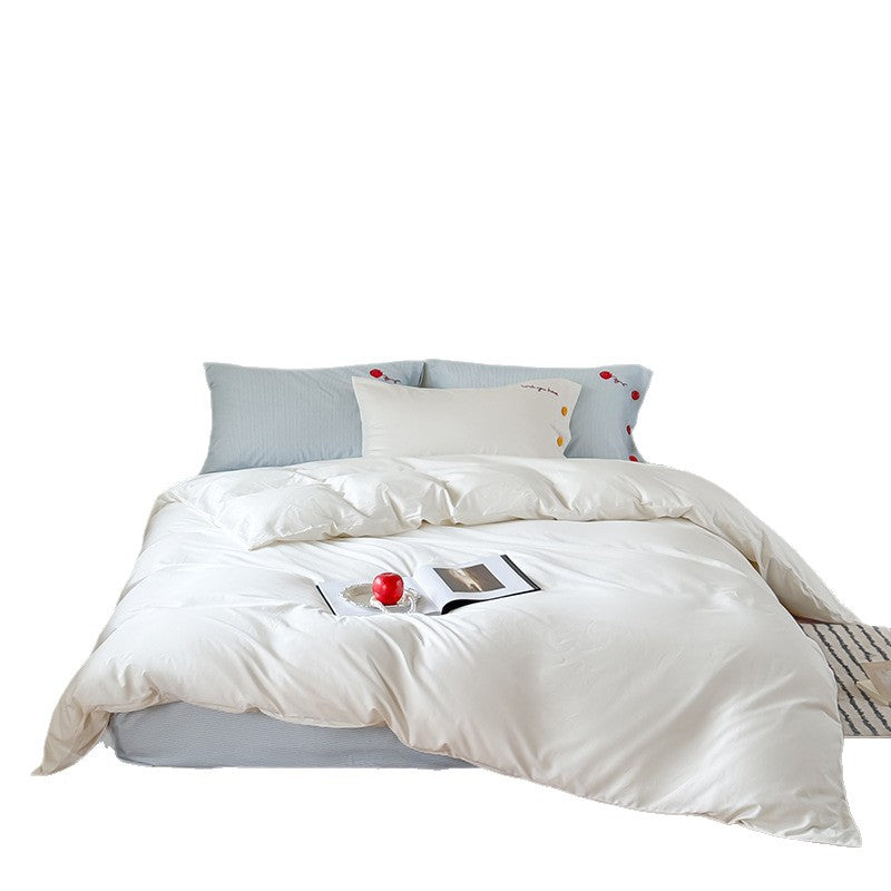 Cotton Sateen Reversible Duvet Cover Set with Embroidered Button Accents and Deep-Pocket Fitted Sheet