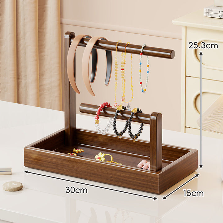 Multi-Level Wooden Jewelry Organizer Stand with Tray and Rod Display